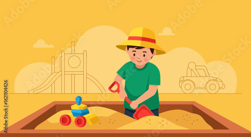 Happy boy playing in a sandbox with toy car at the playground on a sunny day