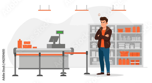 Frustrated Man Waiting In Supermarket Queue Feels The Irritation Of Delay