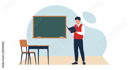Illustration of a teacher standing in a classroom with a blackboard and desk set for school