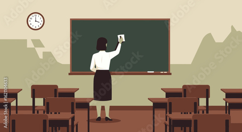 Illustration of a teacher wiping a blackboard in a classroom filled with desks symbolizing education