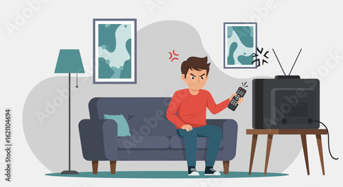 Frustrated Man With Remote Control Trying To Watch Tv Program