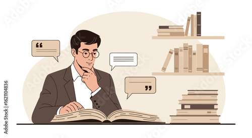 Illustration of a thoughtful man reading a book with bookshelves in background expressing ideas