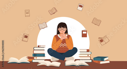 Illustration of a thoughtful student amidst books, symbolizing learning and education