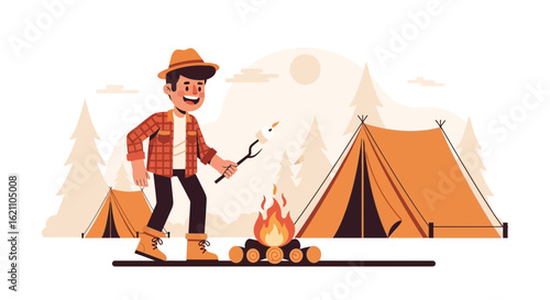 Happy Camper Roasting Marshmallow At Campfire In Nature Scenery Illustration