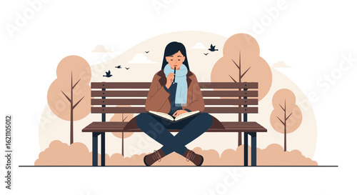 Illustration of a thoughtful woman writing in a park setting on a bench alone with trees