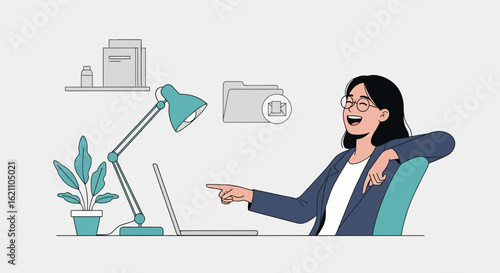 Happy businesswoman pointing at a laptop during a video conference call at her home office desk