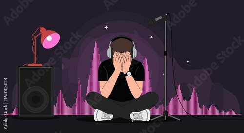 Frustrated Musician Sits Amidst Studio Equipment With His Hands Covering Face