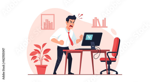 Frustrated Office Employee Ready To Punch A Computer After System Failure