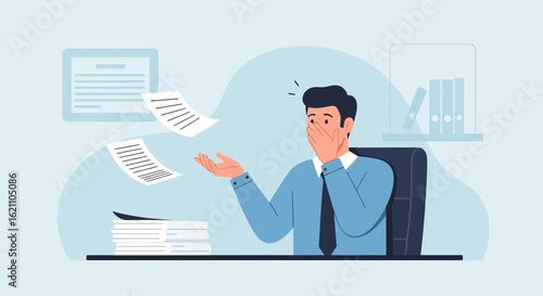 Frustrated office worker overwhelmed with paperwork and documentation overload in office workspace