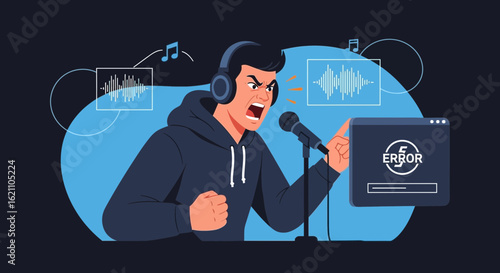 Frustrated Podcaster Facing Technical Difficulties While Recording His Show Online
