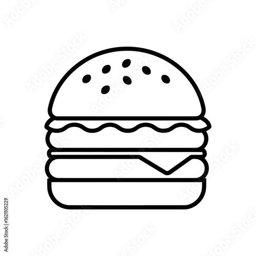 Outline drawing of a classic hamburger with a bun, patty, and cheese, isolated on white background