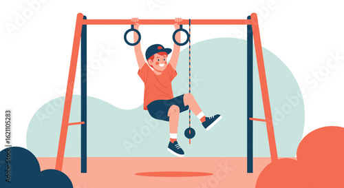 Happy Child Playing On a Playground Hanging From Rings With One Hand