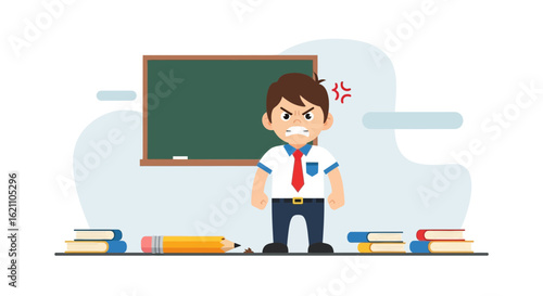 Frustrated Pupil Standing Near A Broken Pencil In Front Of A Blackboard