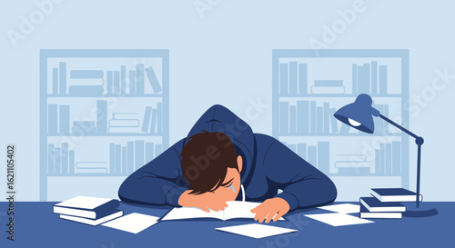 Frustrated Student Studying Hard Late At Night And Feeling Stressed About Exams