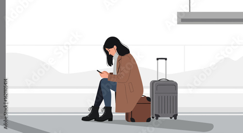 Illustration of a woman at the airport waiting for her flight using a smartphone relaxing time