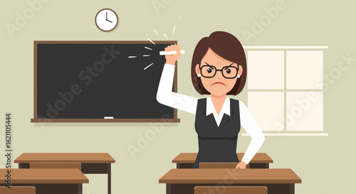 Frustrated teacher with chalk in classroom, teaching challenges and stress for educators are important topics to address