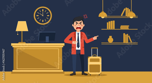 Frustrated Tourist Expressing Complaint At Hotel Reception Counter Illustration