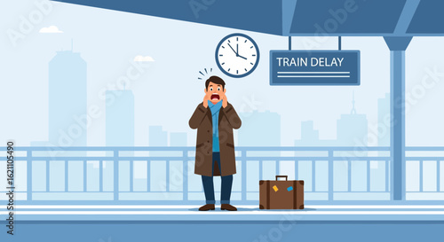 Frustrated traveler missing train due to delay at the station platform city backdrop