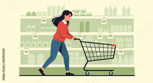 Frustrated woman shopping with empty cart due to inflated prices at supermarket