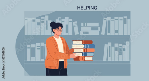Illustration of a woman carrying books in front of a bookshelf, symbolizing learning and reading, depicting assistance in a library setting