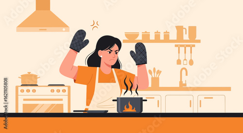 Frustrated Woman With Oven Mitts And Burning Pot In Modern Kitchen