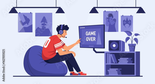 Frustrated young gamer facing defeat, dealing with the game over screen