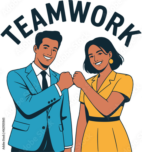 Positive Teamwork Illustration  Smiling Man and Woman Fist Bump in Bright Colors