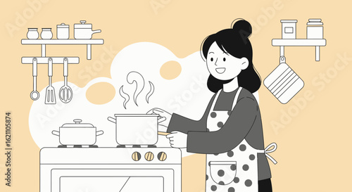 Illustration of a woman cooking in the kitchen preparing a meal on the stove top appliances