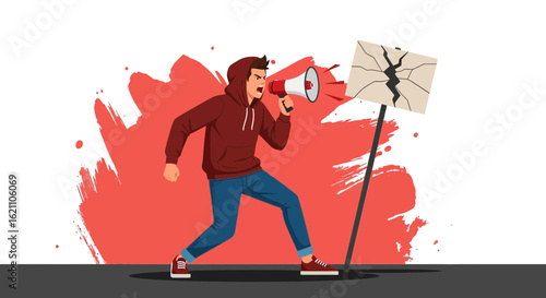 Furious Activist Shouting Through Megaphone At Protest Rally With Broken Sign