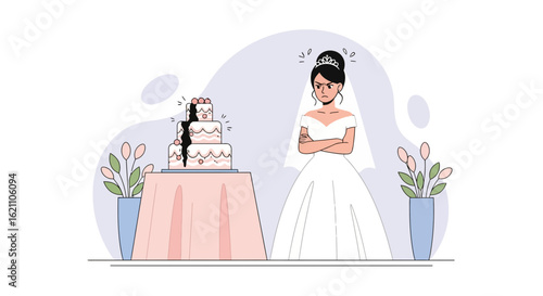 Furious Bride With Destroyed Wedding Cake On The Celebration Day