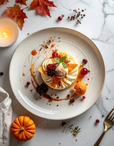 Delicious Autumn Dessert with Berries and Maple Leaf on Marble Table Top View