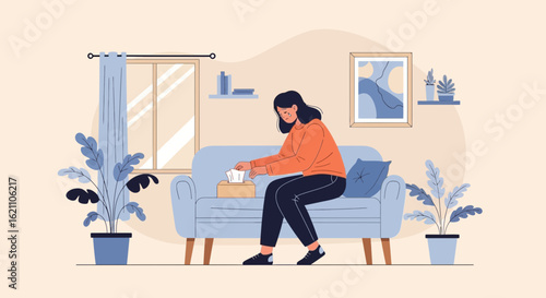 Illustration of a woman experiencing sadness and seeking comfort at home, emphasizing emotional expression and privacy