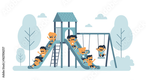 Happy children having fun at the playground with swings and slides illustration