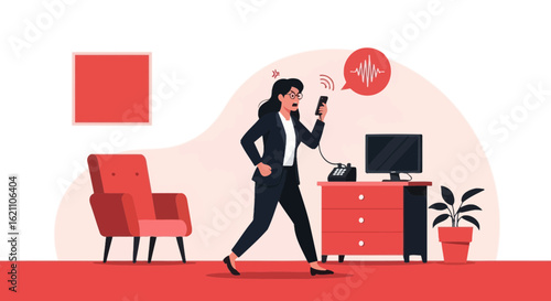 Furious woman in office outfit, upset about a phone call, depicted in flat illustration style, showcasing modern workplace stress and communication frustration