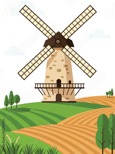 Windmill on farmland with green grass and golden fields vector illustration in flat style