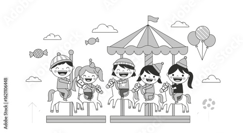 Happy children riding a carousel illustration for joyful and playful scenes happy cartoon