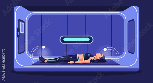 Future Wellness Woman Relaxing In Capsule For Enhanced Mental Well Being