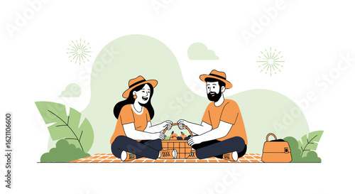 Happy Couple Enjoying A Picnic Outdoors Surrounded By Nature Illustration