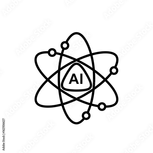 Stylized atom with ai in the nucleus, representing artificial intelligence and science, isolated on white background