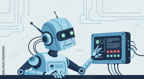 Futuristic robot interacting with digital interface technology in automation