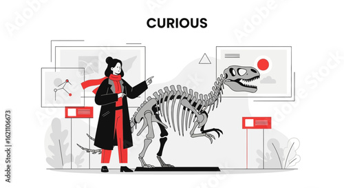 Illustration of a woman observing a dinosaur skeleton in a museum exhibit with curiosity and wonder with the inscription curious