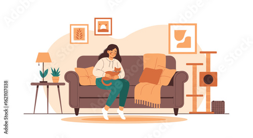 Illustration of a woman relaxing at home with her cat and creating a cozy ambiance