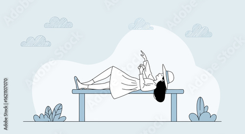 Illustration of a woman relaxing on a bench enjoying the peaceful scenery and nature