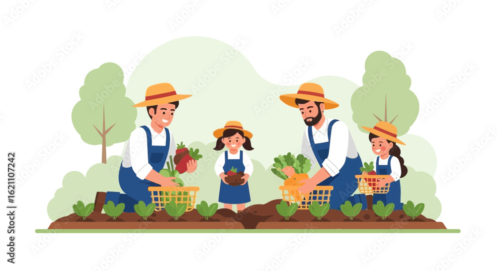 Fototapeta premium Happy Family Together Harvesting Vegetables On Organic Farm In Summer Season