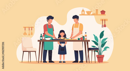 Happy Family Time Illustration Two Men And Child Cooking Together In Kitchen