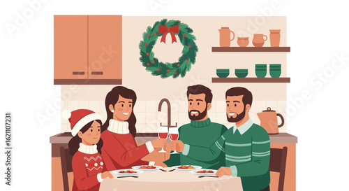 Happy Family Toasting During Holiday Dinner Festive Gathering Illustration