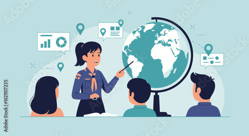 Illustration of a woman teaching geography to students with globe concept