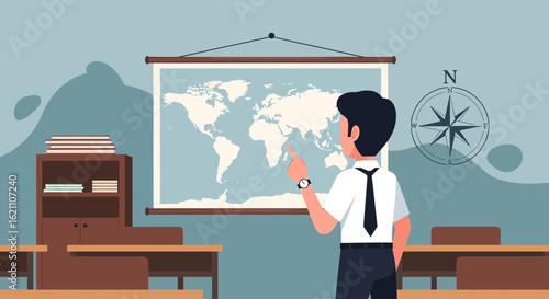 Geography Teacher Explaining World Map In Classroom For Educational Purposes