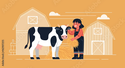 Happy Farmer Girl with Cow in Farmyard Scene Flat Vector Illustration