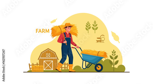 Happy Farmer Carrying Haystack and Wheelbarrow at Rural Farmhouse Illustration